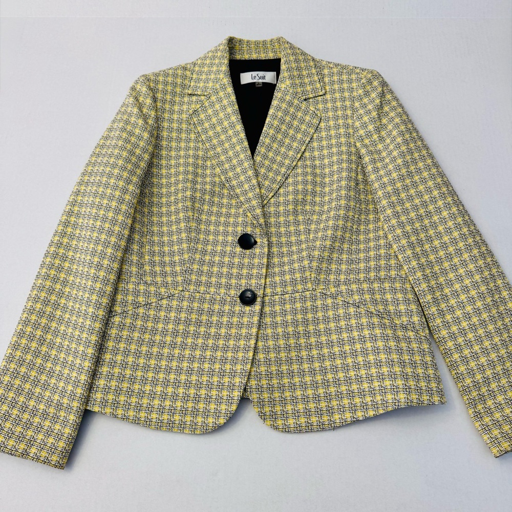 Le Suit Single Breasted Two Button Yellow and Black Plaid Suit Jacket Size 8